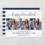 Cartão De Festividades Caligrafia Moderna Hanukkah 3 Foto Blue Strips<br><div class="desc">Modern Trendy Calliographic 3 Photo Family Collage Happy Hanukkah Card - Marinho Blue e White Strips Back</div>