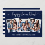 Cartão De Festividades Caligrafia Moderna Hanukkah Blue Stripes 3 Foto<br><div class="desc">Modern Trendy Calliographic 3 Photo Family Collage Happy Hanukkah Card - Marinho Blue e White Strips Back</div>