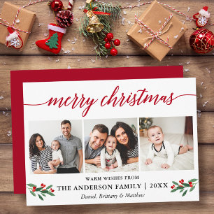 Cartão De Festividades Caligrafia Moderna Holly Christmas 3 Photo Red
