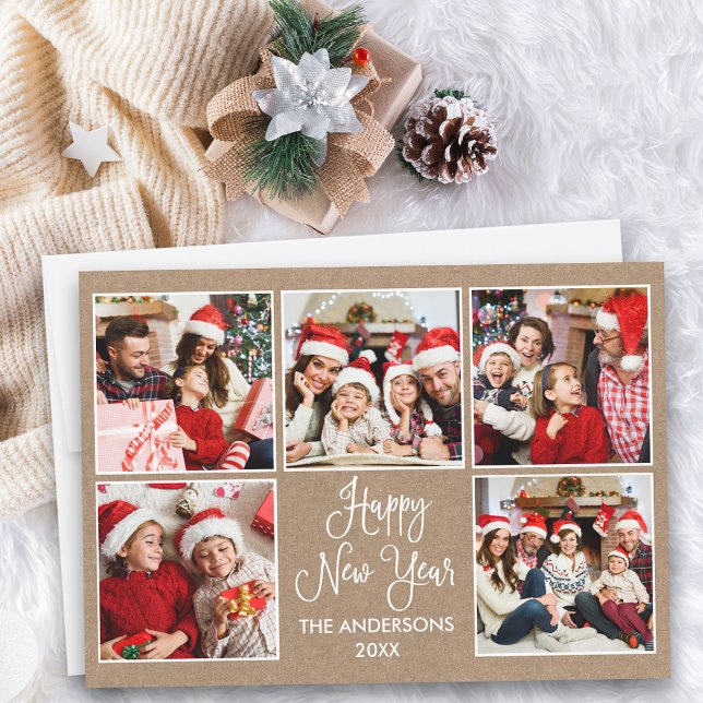 Cartão De Festividades Caligrafia moderna Kraft 5 Foto Ano Novo (Customize to add text to back of card.)