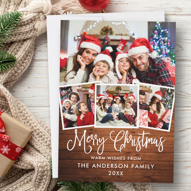 Cartão De Festividades Caligrafia Moderna Madeira de Natal 4 Foto (Customize to add text to back of card.)