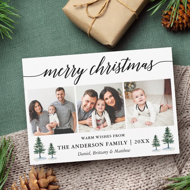 Cartão De Festividades Caligrafia Moderna Pines Feliz Natal 3 Foto (Customize to add text to back of card.)