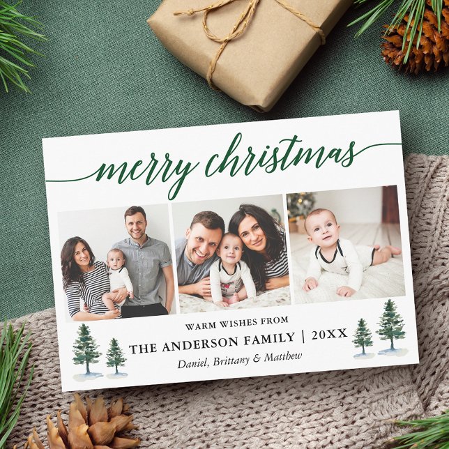 Cartão De Festividades Caligrafia Moderna Pinheiros Verdes Natal 3 Foto (Customize to add text or more photos to back of card.)