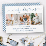 Cartão De Festividades Caligrafia Natal Dusty Blue Gingham 3 Foto<br><div class="desc">Modern Trendy Calliographic 3 Photo Family Collage Cartão de Natal Feliz - Xadrez Dusty Blue e White Gingham</div>