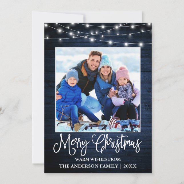 Cartão De Festividades Caligrafia natalícia Luzes de madeira azul Foto (Frente)