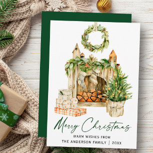 Cartão De Festividades Caligrafia Script Watercolor Pines Heart