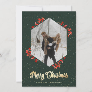 Cartão De Festividades Caligrafia Verde Berries Vermelho Foto de Neve Nat
