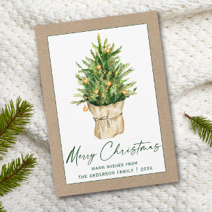 Cartão De Festividades Caligrafia Verde Ink Watercolor Pine Tree Kraft