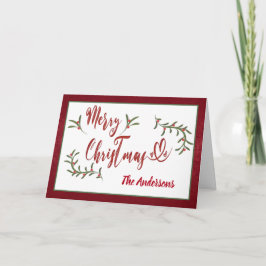 Cartão De Festividades Caligrafia vermelha Feliz Natal Holly