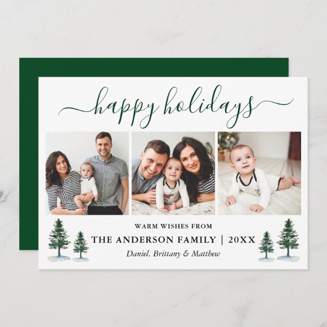 Cartão De Festividades Caligrafia Watercolor Green Pines 3 Foto (Frente/Verso)
