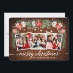 Cartão De Festividades Calligrafia Madeira Watercolor Winter Floral 3 Pho<br><div class="desc">Roteiro Elegante Moderno de Caligrafia,  Watercolor Winter Floral,  String Lights Family 3 Foto Merry Christmas Card inclui poinsettias vermelhas com aquarelas,  rosas brancas,  groselhas ocas,  cones de pínus e folhagem botânica verde. Madeira russa do campo.</div>