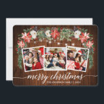 Cartão De Festividades Calligrafia Madeira Watercolor Winter Floral 3 Pho<br><div class="desc">Roteiro Elegante Moderno de Caligrafia,  Watercolor Winter Floral,  String Lights Family 3 Foto Merry Christmas Card inclui poinsettias vermelhas com aquarelas,  rosas brancas,  groselhas ocas,  cones de pínus e folhagem botânica verde. Madeira russa do campo.</div>