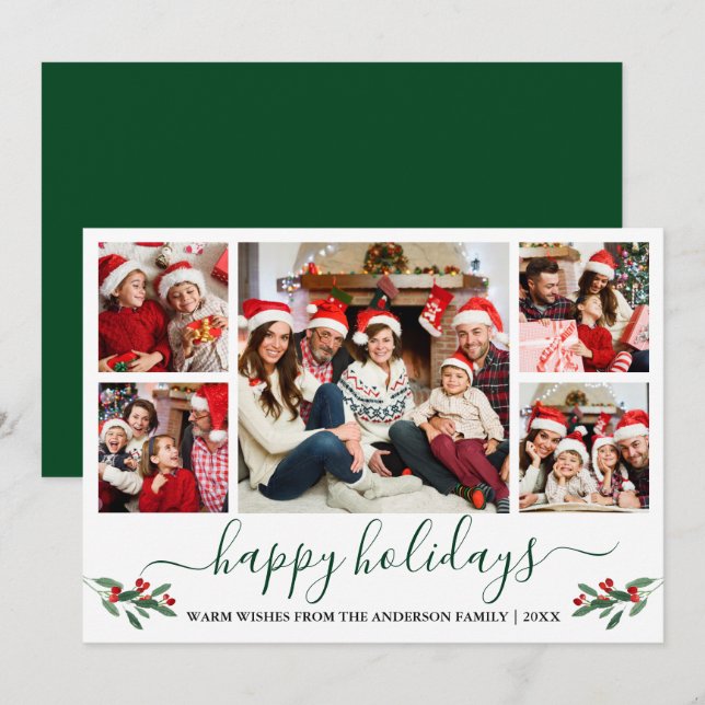 Cartão De Festividades Calligrafia Watercolor Holly 5 Photo Green (Frente/Verso)