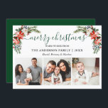 Cartão De Festividades Calligrafia Watercolor Winter Floral 3 Photo<br><div class="desc">Script de caligrafia moderna. O Elegante Winter Floral 3 Photo Merry Christmas Card inclui belas poinsettias vermelhas com aquarela,  verde botânico,  folhagem de inverno,  bagas ocas,  rosas brancas,  algodão,  pínus e bagas azuis.</div>