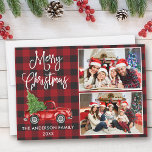 Cartão De Festividades Calligrafia Xadrez de Fotografia do Caminhão Vinta<br><div class="desc">Placa de Natal Feliz 2 Cartão de Férias de Brincadeira Moderna - Caminhão Vermelho Vintage de Watercolor com Árvore de Natal na Xadrez de Buffalo Vermelho</div>
