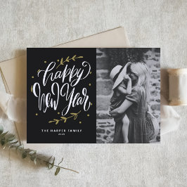Cartão De Festividades Calligraphy and Wreath New Year Photo Black