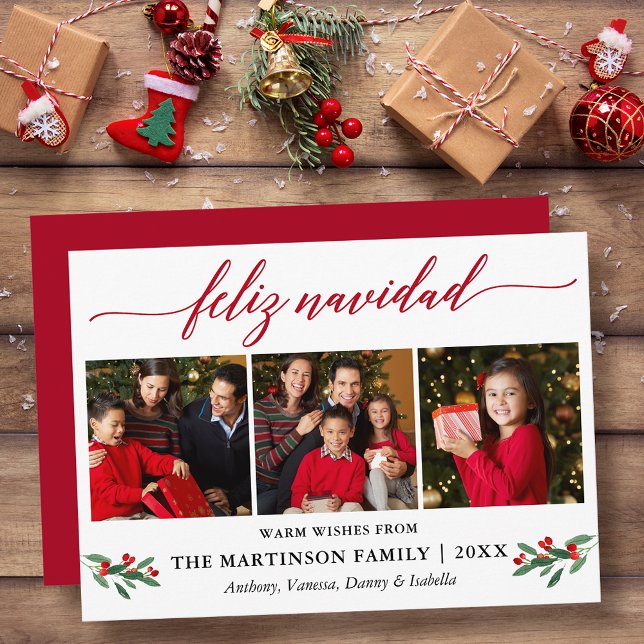 Cartão De Festividades Calligraphy Feliz Navidad Red Holly 3 Photo (Customize to add text to back of card.)