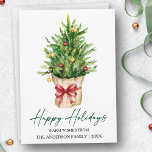 Cartão De Festividades Calligraphy Ink Watercolor Pine Tree Red Bow<br><div class="desc">Modern Elegant Calligraphy Ink Script Happy Holidays Card includes a Watercolor Pine Tree in a paper bag with a Red Ribbon Bow,  Gold and Red Christmas Ornaments.</div>