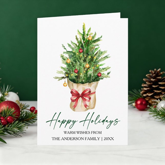 Cartão De Festividades Calligraphy Ink Watercolor Pine Tree Red Bow Fold (Customize your change your personalized text size or text style.)