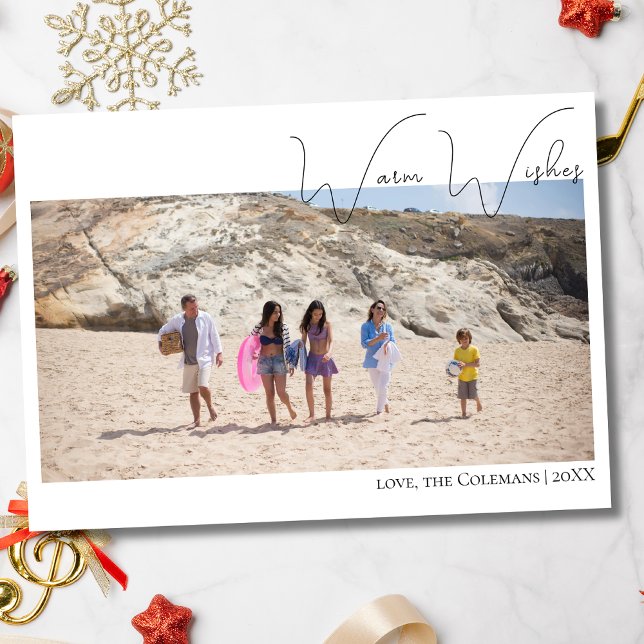 Cartão De Festividades Calligraphy Warm Wishes |Two Beach Family Photo  (Criador carregado)
