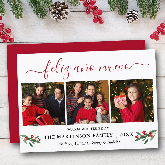 Cartão De Festividades Calliografia Feliz Ano Nuevo 3 Foto Red Holly (Customize to add text to back of card.)