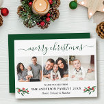 Cartão De Festividades Calliografia Feliz Natal Holly 3 Foto Verde<br><div class="desc">Cláusula de Caligrafia Moderna 3 Fotografia da Família Colagem Feliz Cartão de Natal inclui Watercolor Christmas Holly Berries - Forest Green Script</div>