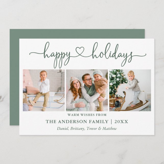 Cartão De Festividades Calliografia Heart 3 Photo Sage Green (Frente/Verso)