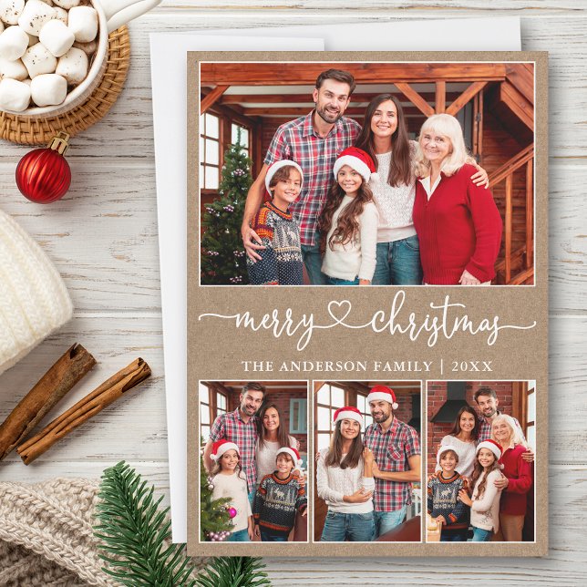 Cartão De Festividades Calliografia Heart 4 Photo Kraft Feliz Natal (Customize to add text to back of card.)