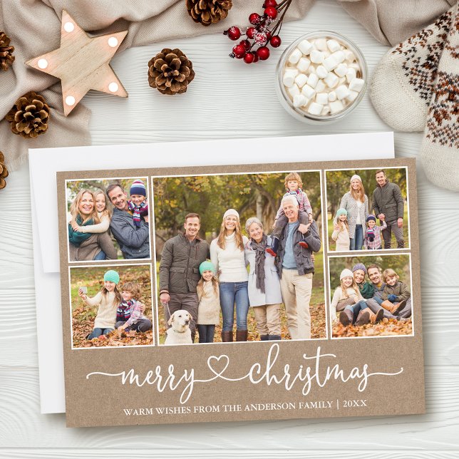 Cartão De Festividades Calliografia Heart 5 Photo Kraft Feliz Natal (Customize to add text to back of card.)