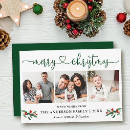 Cartão De Festividades Calliografia Heart Christmas Holly 3 Photo Green