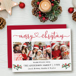 Cartão De Festividades Calliografia Heart Christmas Holly 3 Photo Red<br><div class="desc">Placa de Feriado de 3 Fotos Feliz Natal Feliz da Caligrafia Moderna inclui Watercolor Red Holly Berries - Script Vermelho</div>