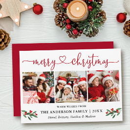 Cartão De Festividades Calliografia Heart Christmas Holly 3 Photo Red