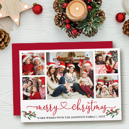 Cartão De Festividades Calliografia Heart Christmas Holly 5 Photo Red