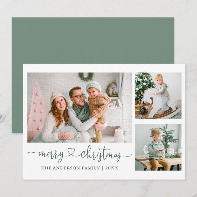 Cartão De Festividades Calliografia Heart Sage Green Christmas 3 Photo (Frente/Verso)