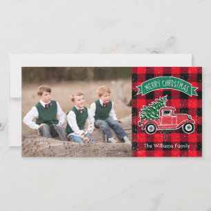 Cartão De Festividades Caminhão Antigo Árvore de Natal Vermelho Xadrez de