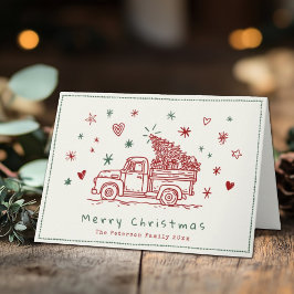Cartão De Festividades Caminhão de Natal Retroativo Desenhado à Mão
