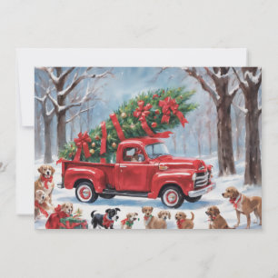 Cartão De Festividades Caminhão de Natal Vermelho na floresta nevada com 