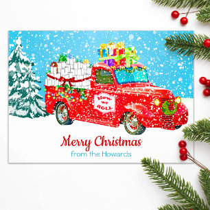 Cartão De Festividades Caminhão de Vintage engraçado na neve com papel