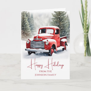 Cartão De Festividades Caminhão Retrô Vermelho de Natal em Aquarela