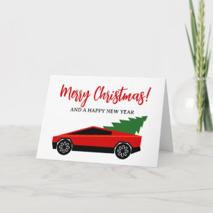 Cartão De Festividades Caminhão Tesla vermelho com árvore de Natal na par