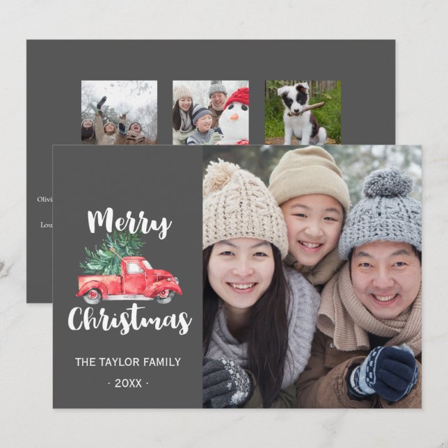 Cartão De Festividades Caminhão Vermelho e Ano de Árvore em Revisão Foto  (Frente/Verso)