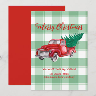 Cartão De Festividades Caminhão Vermelho Pinheiro Feliz Natal Xadrez Verd