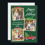 Cartão De Festividades Caminhão Vermelho Vintage de Fita de Script de Pin<br><div class="desc">Feriados felizes do Script de Pincel Moderno 3 Cartão de Feriado de Colagem de Fotografias inclui Fita de Artesanato e Caminhão Vermelho Vintage com Cores de Água com Árvore de Natal. Fundo Verde Florestal.</div>