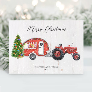 Cartão De Festividades Camper de Trator Vermelho Vintage Natal Não-Foto