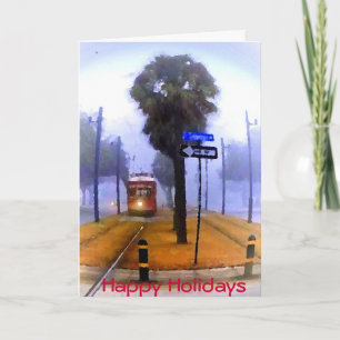 Cartão De Festividades Canal Streetcar Foggy Morning Happy Holidays
