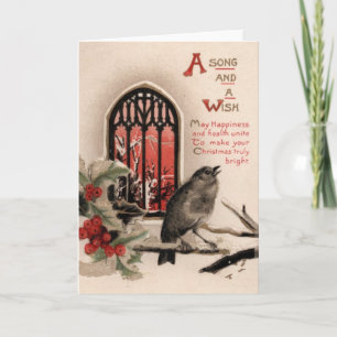 Cartão De Festividades Canção e Desejo de Natal de Pássaro Vintage