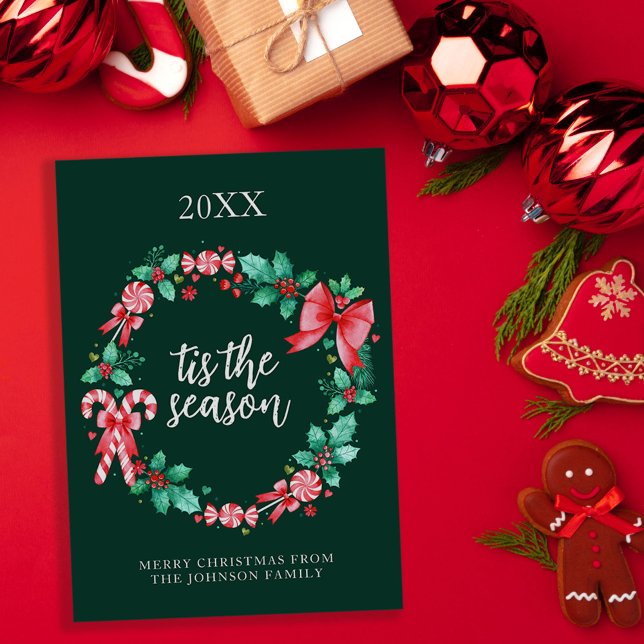Cartão De Festividades Candy Candy Candy Candy Candy Candy Cana-de-Natal (Watercolor Peppermint Candy Cane Christmas Wreath Holiday Card)