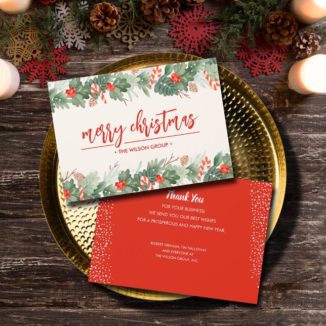 Cartão De Festividades Candy Canes Berries Natal Comercial (Candy canes, greenery and berries business Christmas holiday cards)