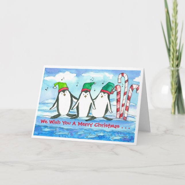 Cartão De Festividades Cantando Pinguins Feliz Natal (Frente)