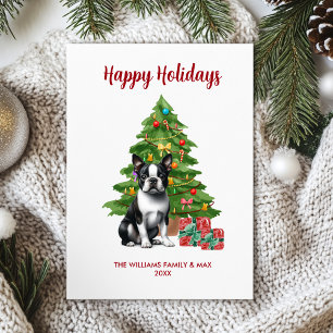Cartão De Festividades Cão Boston Terrier Família Natal